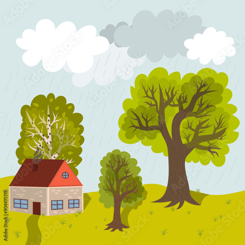 A cute country house with trees around it on a summer rainy day. Landscape in cartoon style, for children book, games, postcards etc.