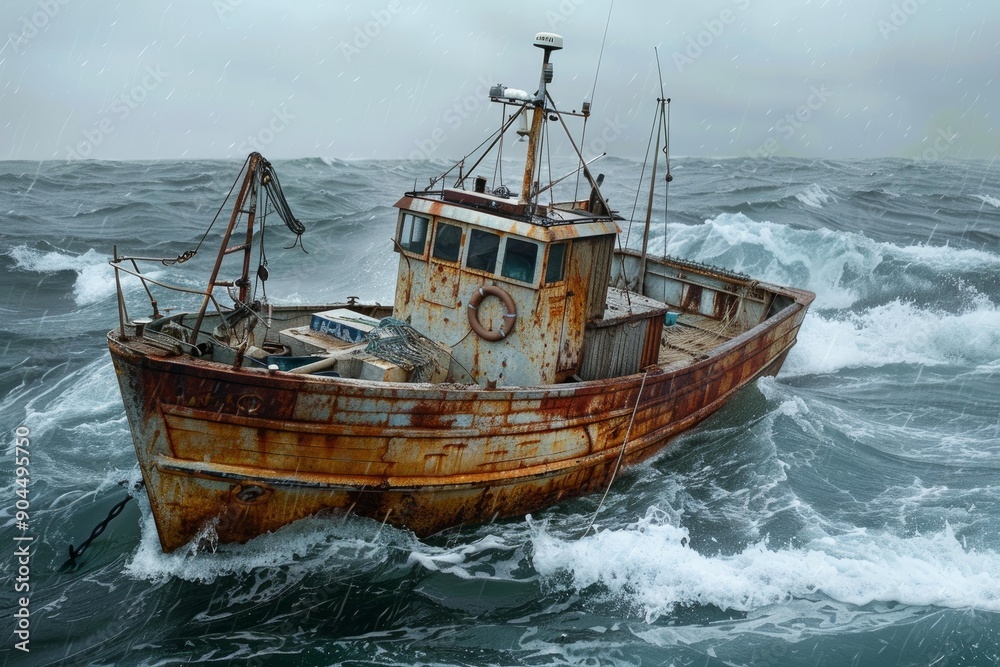 Naklejka premium Old rusty fishing boat sailing during storm with big waves