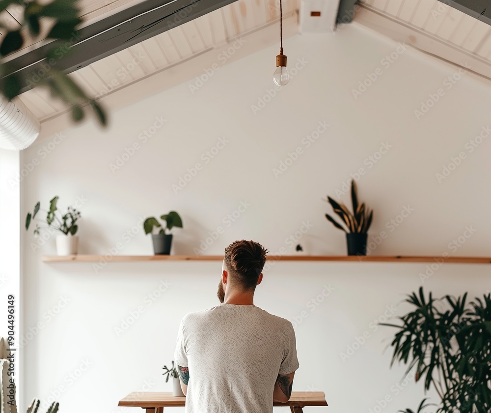 Modern Minimalist Office with Indoor Plants and Soft Lighting, Man Working Modern Minimalist Office with Indoor Plants and Soft Lighting, Man Working