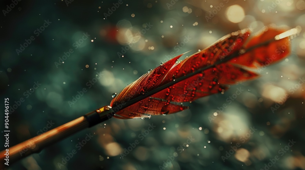 A single red feather sits atop a wooden stick A single red feather sits atop a wooden stick