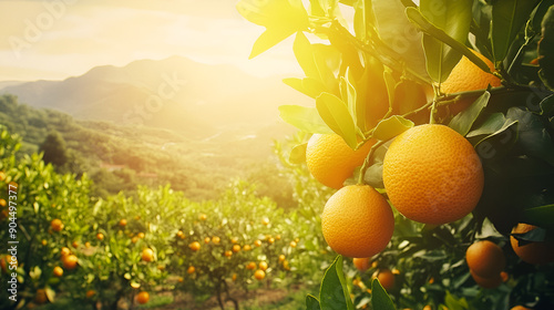 Ripe Oranges on a Tree Branch in a Sunny Orchard photo