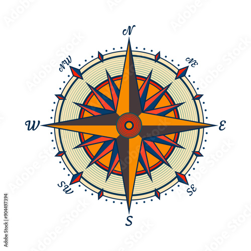 Vintage marine wind rose, nautical chart. Colorful navigational compass with cardinal directions of North, East, South, West. Geographical position, cartography and navigation. Vector illustration