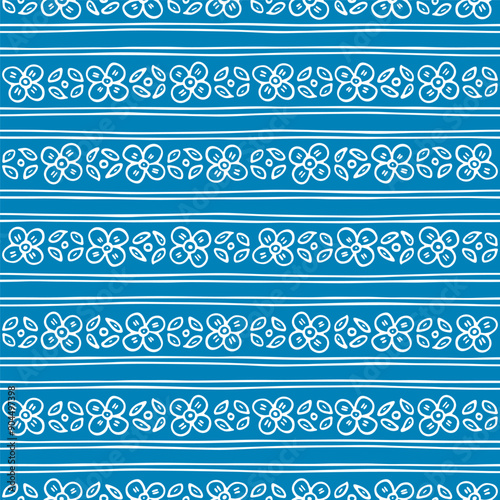 Seamless pattern with hand drawn flowers and leaves, lined in horizontal stripes. Bright background design for wallpaper, textile, wrapping, banner, poster, cover