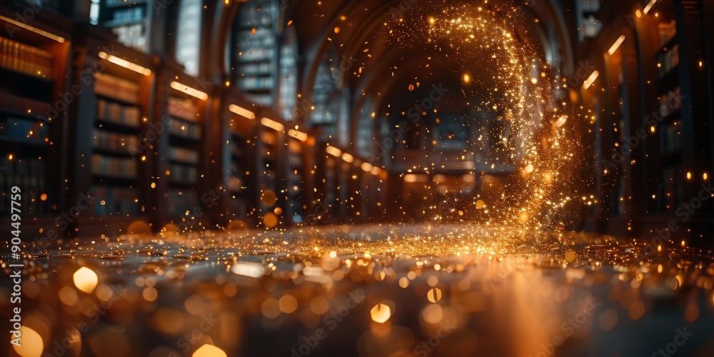 Golden particles sparkle and fall in a cozy library, creating a magical atmosphere. Golden particles sparkle and fall in a cozy library, creating a magical atmosphere.