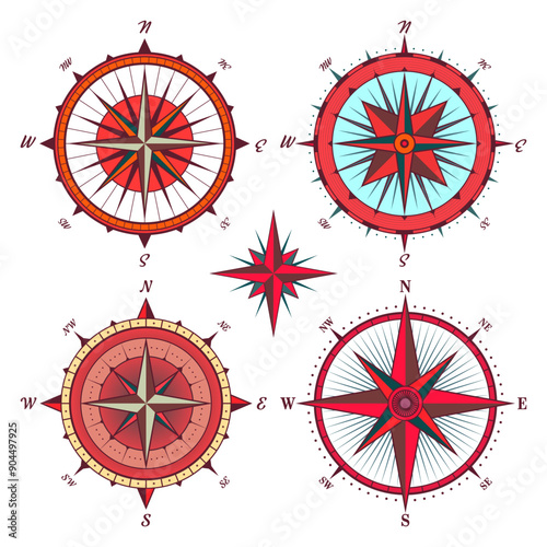 Vintage marine wind rose, nautical chart. Colorful navigational compass with cardinal directions of North, East, South, West. Geographical position, cartography and navigation. Vector illustration