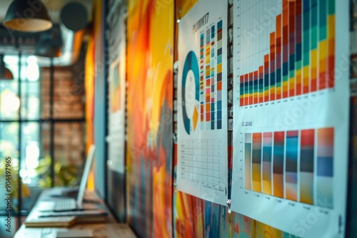 Color palettes and data analysis being presented on a wall in a creative agency