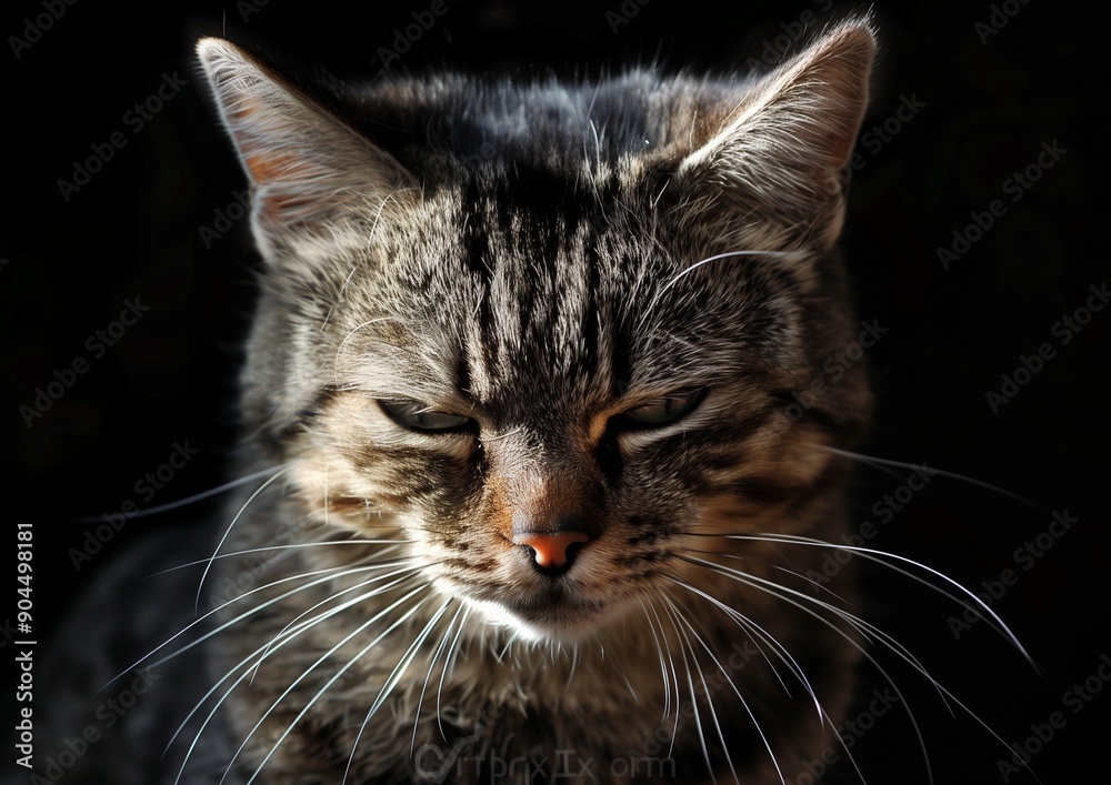 Obraz premium Close-Up of a Tabby Cat in Natural Light with Captivating Whiskers and Intense Gaze - Perfect for Pet-Themed Blogs and Nature Photography