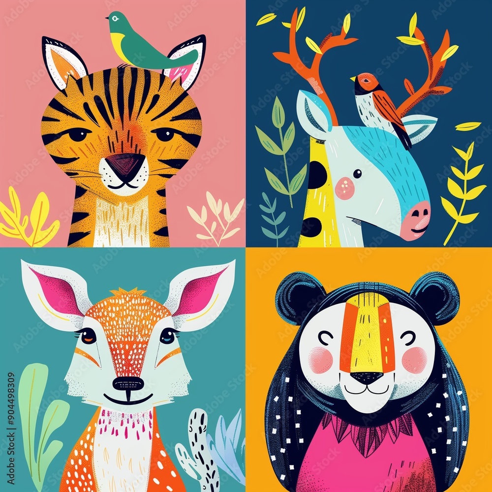 Obraz premium Colorful Animal Illustration Featuring Tiger, Deer, Giraffe, and Bear for Children's Art