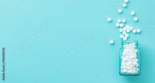 White Pills Spilling Out of a Bottle on a Light Blue Background, Web Design Style with Copy Space for Medicine Section