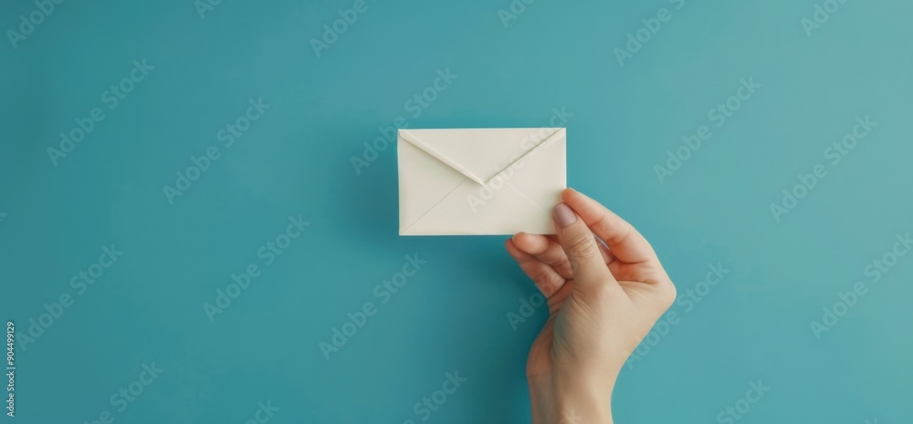 Hand holding an email icon on blue background, online contact us concept for website and mobile app design with copy space Generative AI Hand holding an email icon on blue background, online contact us concept for website and mobile app design with copy space Generative AI