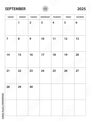 September 2025 year planner template, calendar 2025 desgin, monthly and yearly planners. organizer diary. week start Sunday, corporate planner template, Desk calendar 2025, vertical layout, vector