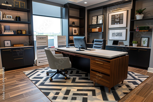 Modern Professional Office Space with Art Deco Elements and Elegant Wood Accents