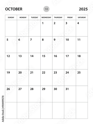 October 2025 year planner template, calendar 2025 desgin, monthly and yearly planners. organizer diary. week start Sunday, corporate planner template, Desk calendar 2025, vertical layout, vector