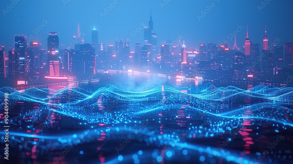 Obraz premium Neon Cityscape with Digital Waves