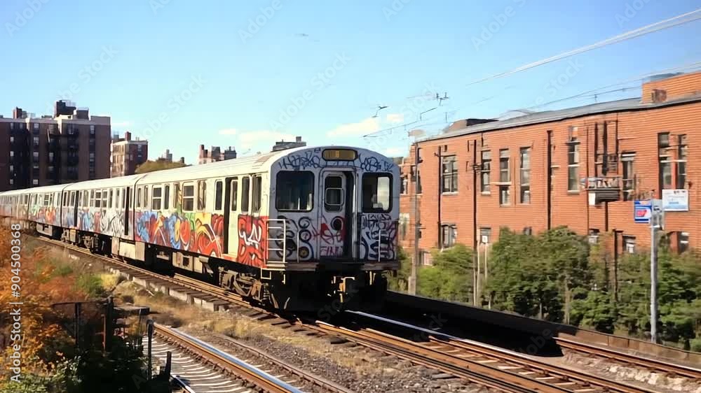 Urban subway train with graffiti running