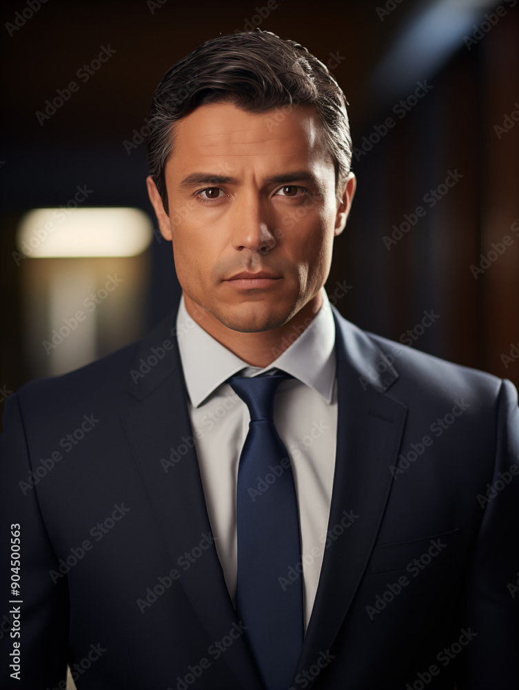 Serious Businessman in Dark Suit with Blue Tie in Corporate Setting Serious Businessman in Dark Suit with Blue Tie in Corporate Setting