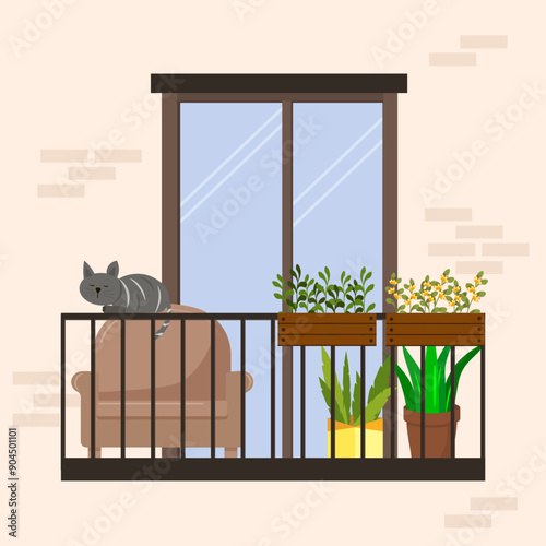 Balcony with flowers and a cat. Soft chair, plants in pots and boxes. Flat style. Vector illustration