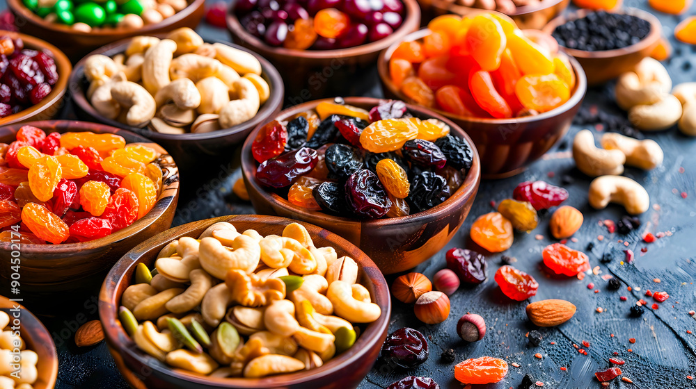 A Variety of Nuts and Dried Fruit on a Dark Wooden Table A Variety of Nuts and Dried Fruit on a Dark Wooden Table