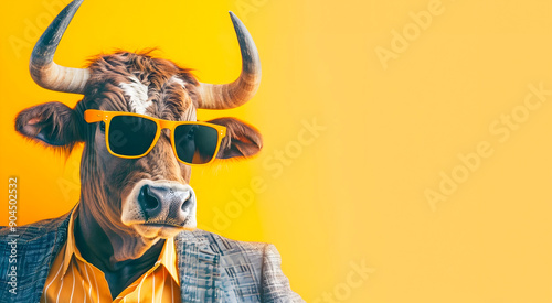 Stylish Business Bull Portrait in Sunglasses and Suit with Copy Space  Charismatic bovine corporate character in modern professional attire for branding marketing or advertising concepts