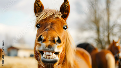 Cheerful Equine Portrait of a Smiling Horse with Friendly Facial Expression Showing its Teeth in a Whimsical and Delightful Manner against a Rural Outdoor Backdrop