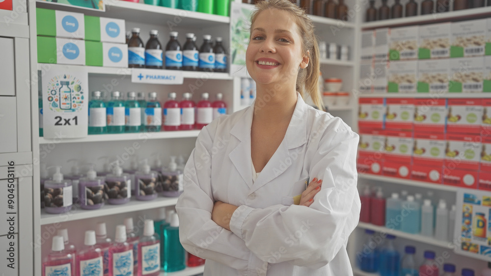Confident blonde woman pharmacist with crossed arms in a bright drugstore interior