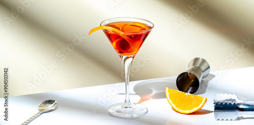 Foto Orange cocktail with red vermouth, liqueur, bitter, citrus zest and ice in marti