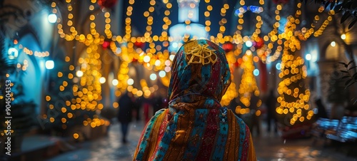 A rear view of a person in colorful traditional attire, walking through The Coptic Christmas Procession. The multitude of lights creates a magical and celebratory atmosphere