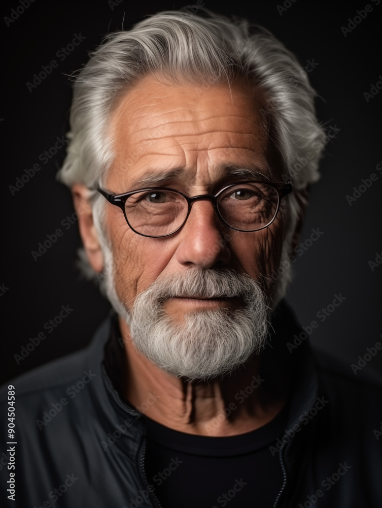 Thoughtful Elderly Man with Glasses and Gray Beard in Dark Jacket Thoughtful Elderly Man with Glasses and Gray Beard in Dark Jacket