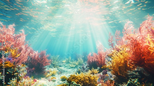 Serene underwater scene with colorful marine plants and coral reef in clean azure water on sea bottom and sun rays from surface.
