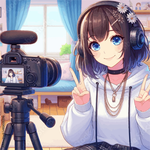 Anime girl recording video blog with peace sign gesture in bedroom studio