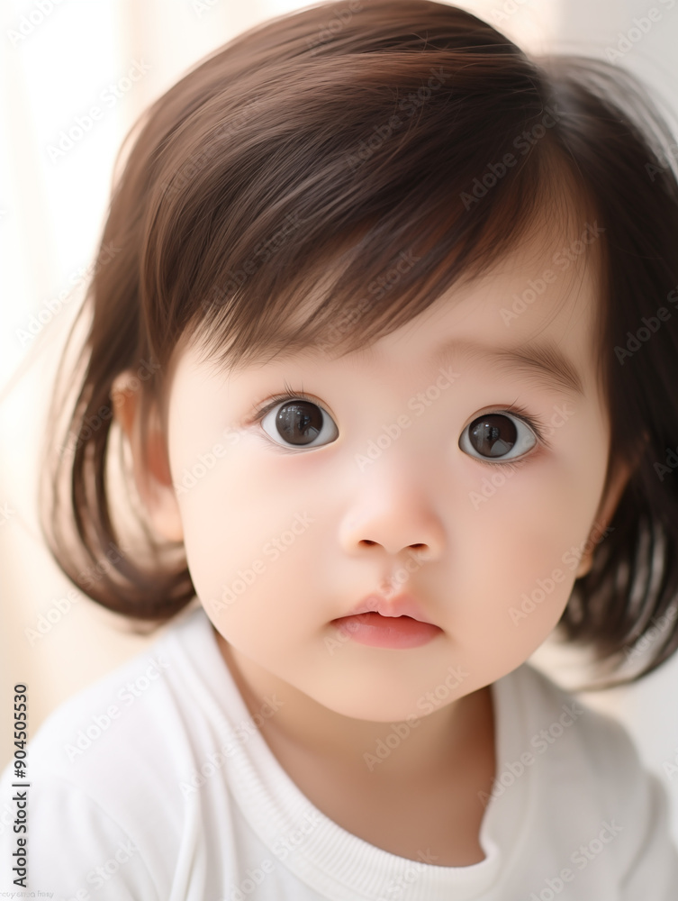 Cute Baby with Big Eyes and Brown Hair in White Shirt Cute Baby with Big Eyes and Brown Hair in White Shirt