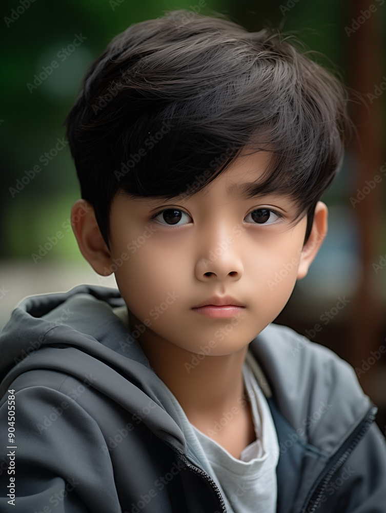 Thoughtful Asian boy wearing sweatshirt outdoors Thoughtful Asian boy wearing sweatshirt outdoors