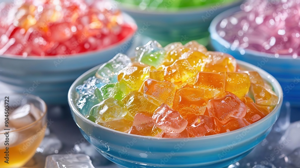 Rainbow Jelly Cubes in Blue Bowls Rainbow Jelly Cubes in Blue Bowls