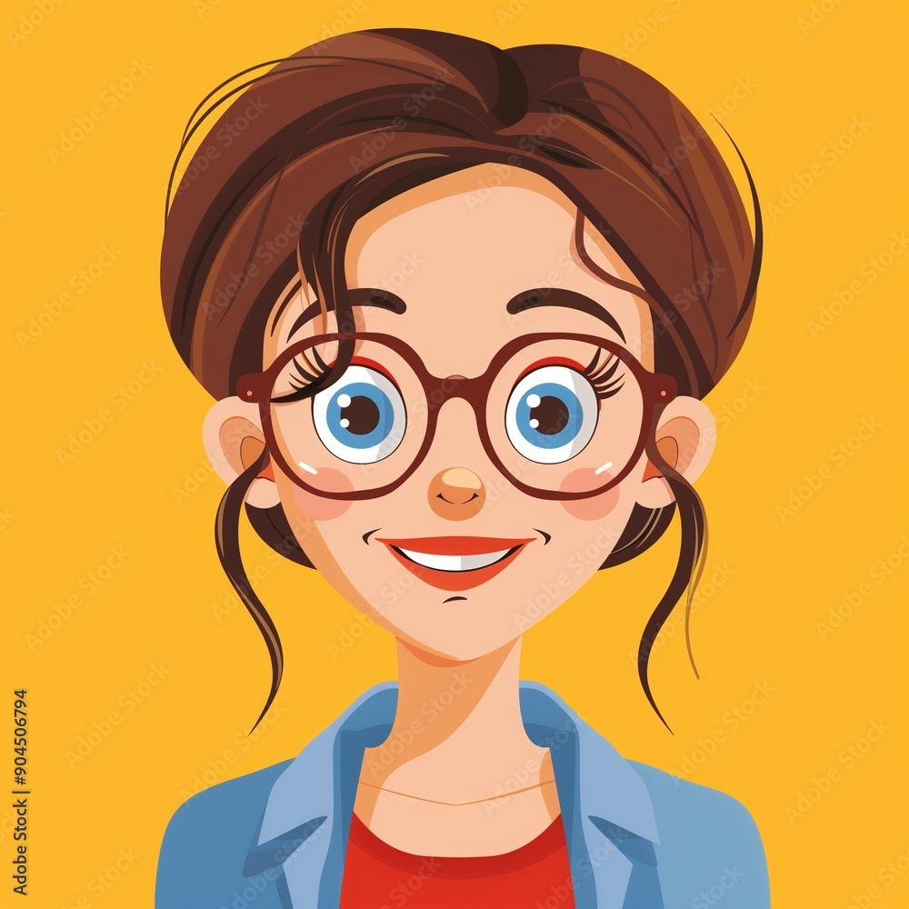 Bright and Happy Woman With Glasses Illustration on Yellow Background - Cartoon Style Smiling Girl Character Bright and Happy Woman With Glasses Illustration on Yellow Background - Cartoon Style Smiling Girl Character