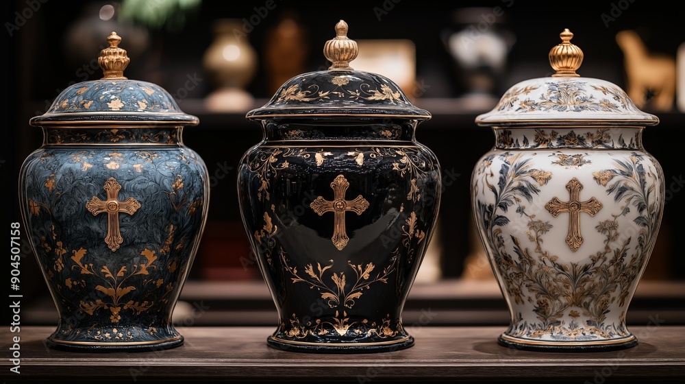 Three Ornate Urns with Religious Cross Designs - Perfect for Memorial, Religious, and Cultural Contexts Three Ornate Urns with Religious Cross Designs - Perfect for Memorial, Religious, and Cultural Contexts