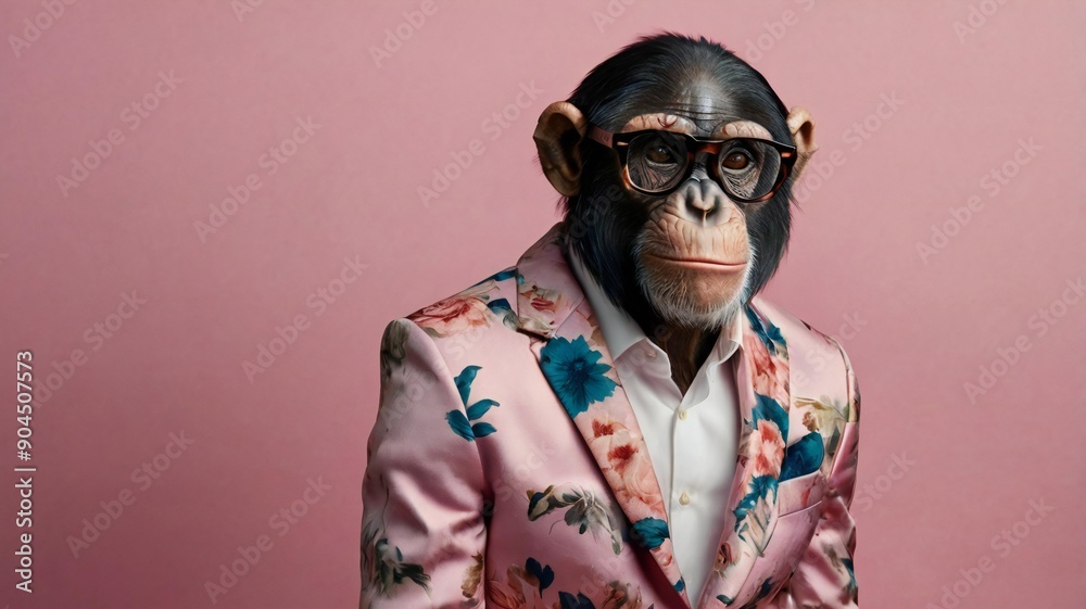 Monkey chimpanzee wearing in sunglass and stylish jacket on the pink background. Monkey chimpanzee wearing in sunglass and stylish jacket on the pink background.