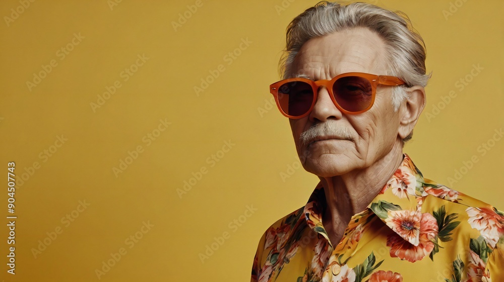 Elderly man in wearing hawaiin shirt on the yellow background. Elderly man in wearing hawaiin shirt on the yellow background.
