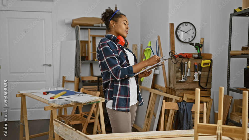 A young woman with curly hair wearing headphones takes notes in a carpentry workshop indoors.