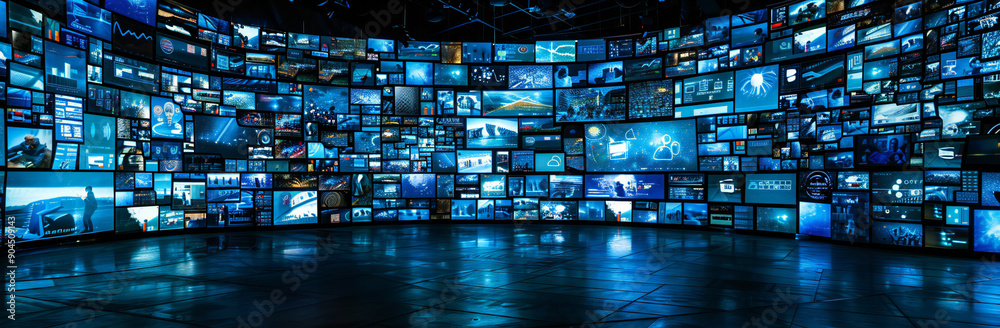 Multiple screens displaying video content and news, graphics and charts, Digital business background. Multiple screens displaying video content and news, graphics and charts, Digital business background.