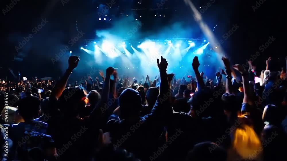 Concert crowd of people cheering arms up at arena