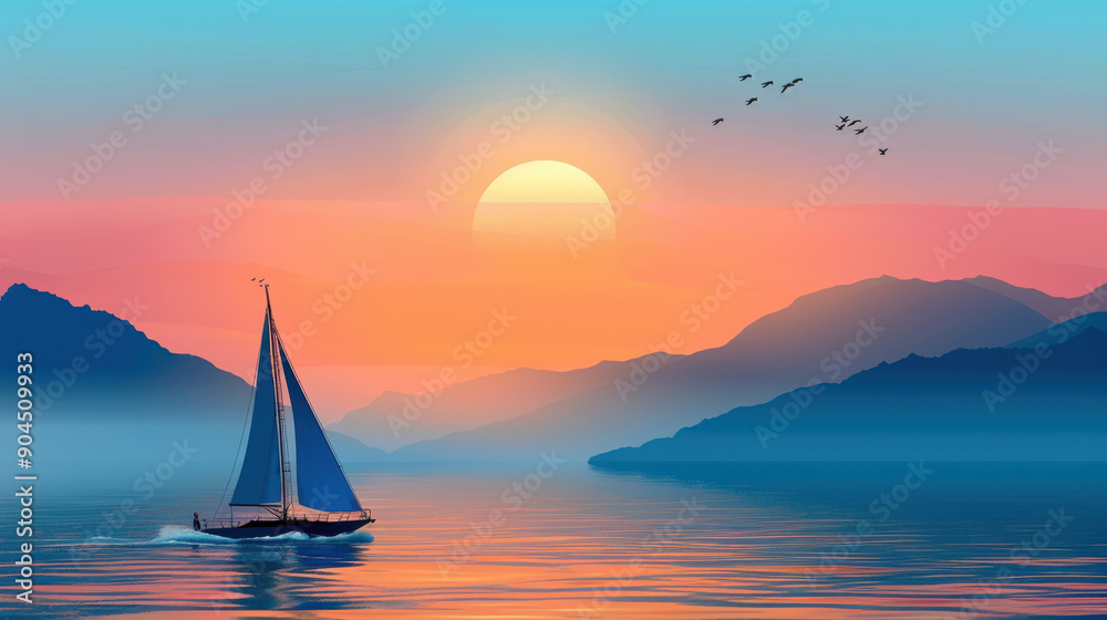 Naklejka premium A sailboat is sailing on a calm lake with a beautiful sunset in the background. The sky is filled with birds flying in the distance. The scene is serene and peaceful