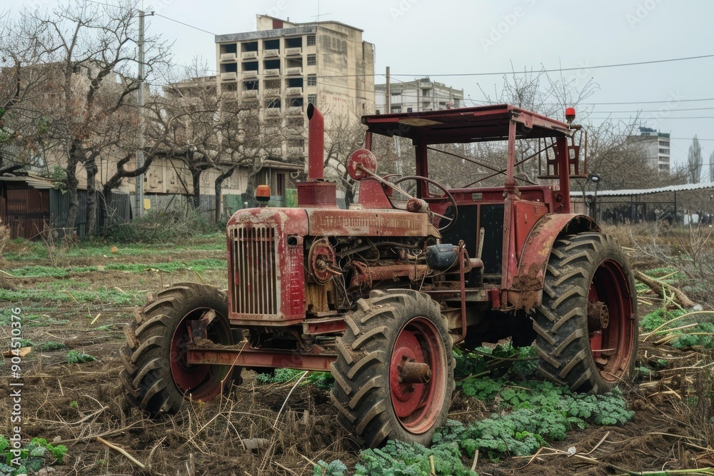 Old red tractor is rusting away in a field, symbolizing the decline of agriculture in the area