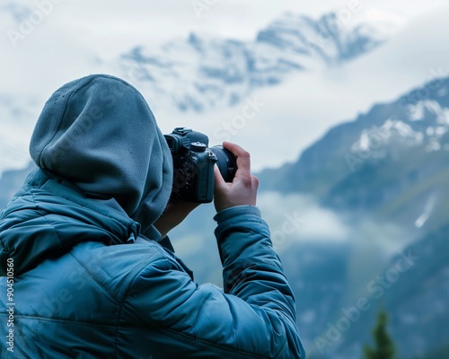 Person Taking Photograph of Snow-Capped Mountains in Winter Jacket and Hood, Mountain Landscape Photography