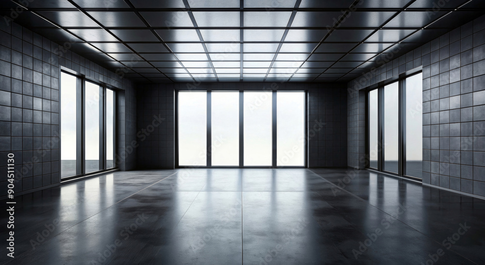 Three-dimensional minimalistic interior of a room with dark walls Three-dimensional minimalistic interior of a room with dark walls