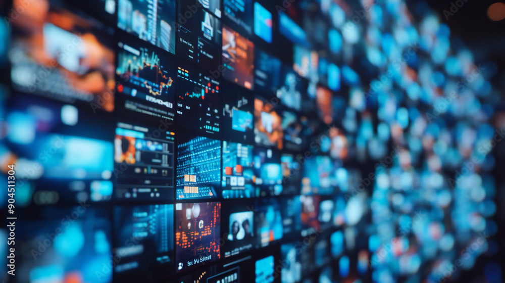Multiple screens displaying video content and news, graphics  and charts, Digital business background. 