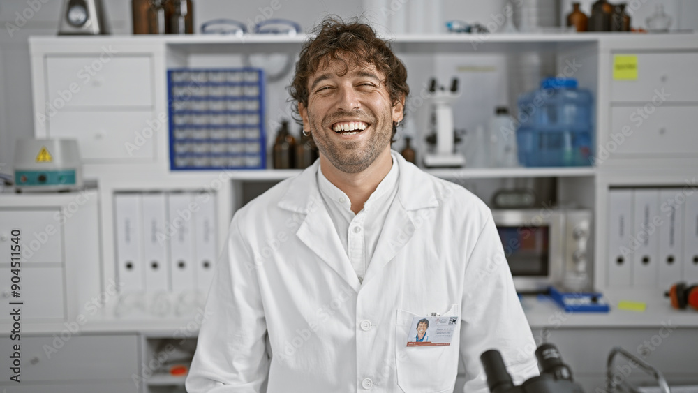 Laughing bearded man in laboratory wearing labcoat posing for a joyful professional portrait Laughing bearded man in laboratory wearing labcoat posing for a joyful professional portrait