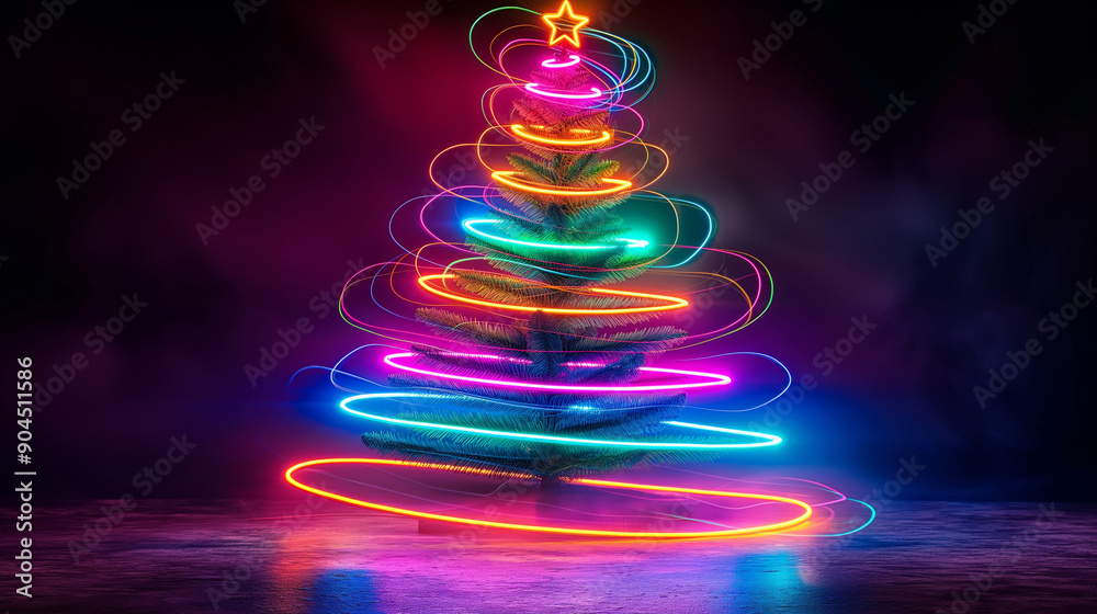 Neon glowing Christmas tree with colorful lights and star on dark background, festive holiday decoration concept. Neon glowing Christmas tree with colorful lights and star on dark background, festive holiday decoration concept.