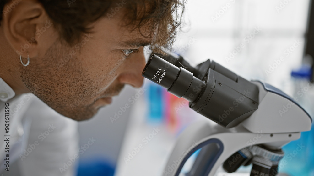 Hispanic man with beard using microscope in laboratory indoors.
