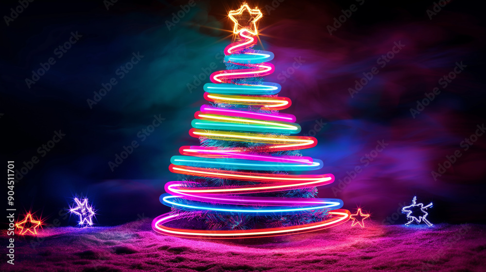 Neon glowing Christmas tree with colorful lights and star on dark background, festive holiday decoration concept. Neon glowing Christmas tree with colorful lights and star on dark background, festive holiday decoration concept.