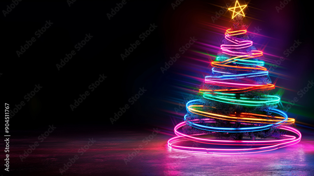 Neon glowing Christmas tree with colorful lights and star on dark background, festive holiday decoration concept. Neon glowing Christmas tree with colorful lights and star on dark background, festive holiday decoration concept.